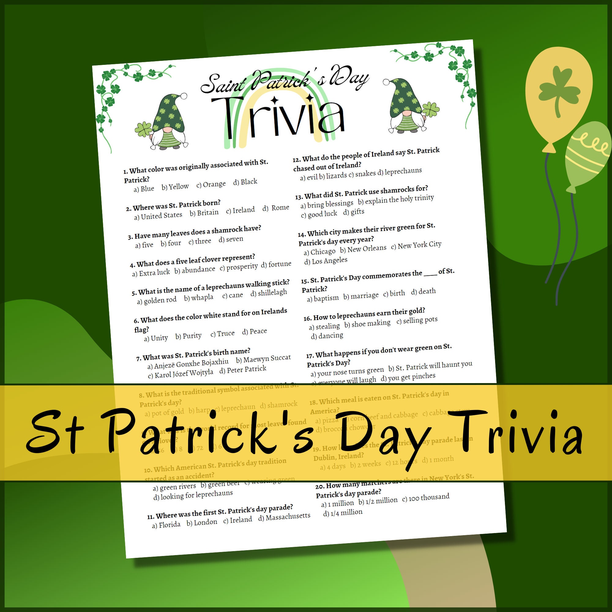 St Patrick's Day Trivia Game~ Fun Trivia Game for Kids and Adults ...