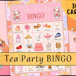 Tea Party Bingo cards in pink, 30 unique game cards, Printable Instant download!