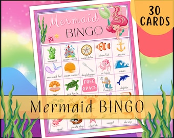 Mermaid Bingo 30 Printable Bingo Cards for Kids, Classroom Parties, Mermaid Party, Mermaid Birthday, Birthday Games, Under the Sea Party
