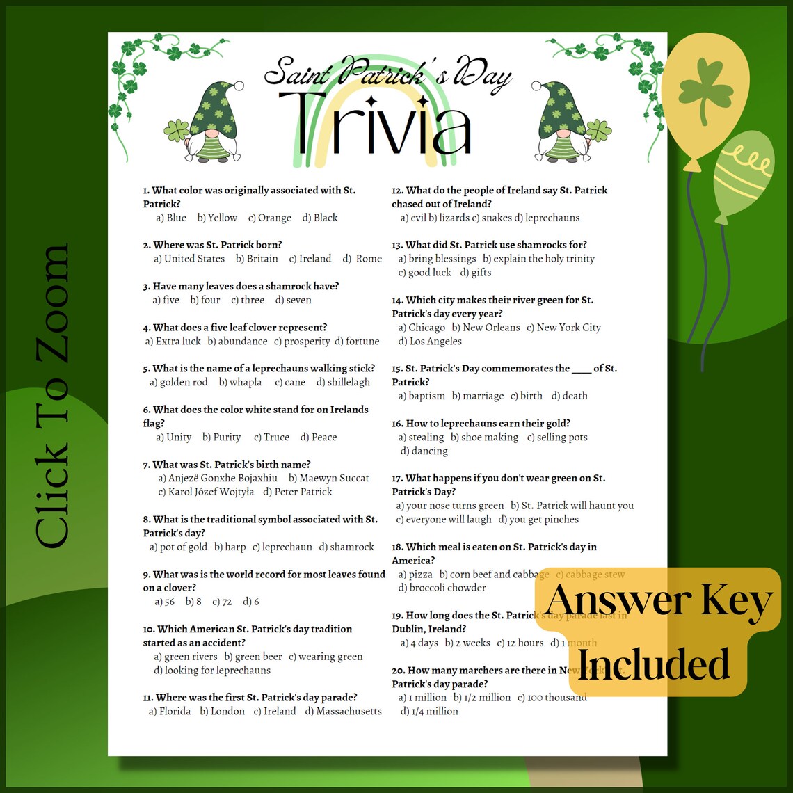 St Patrick's Day Trivia Game~ Fun Trivia Game for Kids and Adults ...