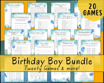 Op de afbeelding: Een printbare verjaardagsfeest-spelbundel voor een jongen. De bundel bevat 20 spellen, zoals woordzoekers, woordpuzzels en quizzen. De spellen zijn versierd met blauwe en witte ballonnen en een aquarel achtergrond.