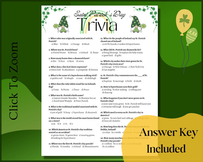 St Patrick's Day Trivia Game~ Fun Trivia Game for Kids and Adults ...