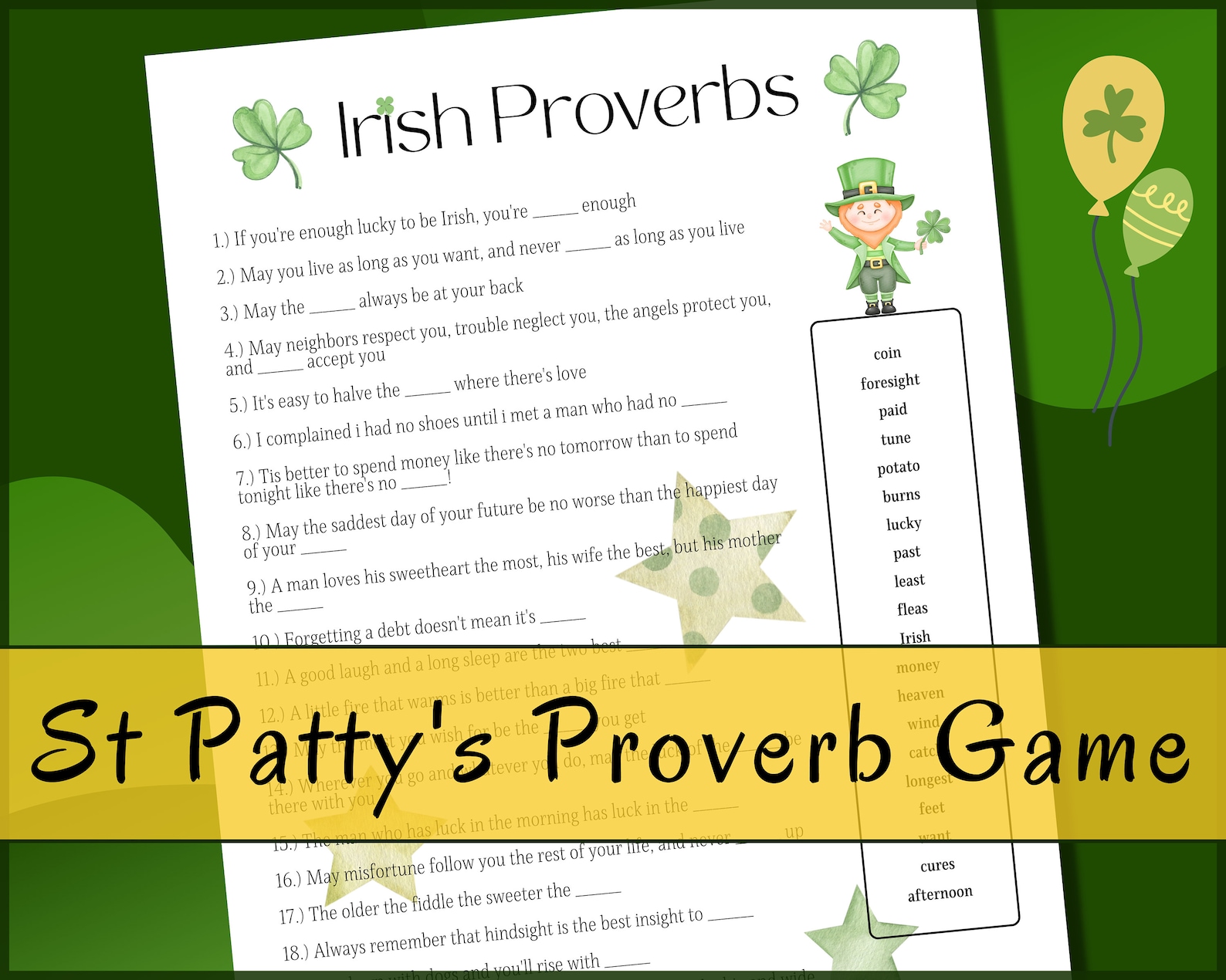 Proverbs Games Irish Proverbs Game, St Patricks Day Game, St Patricks Sayings Trivia ...