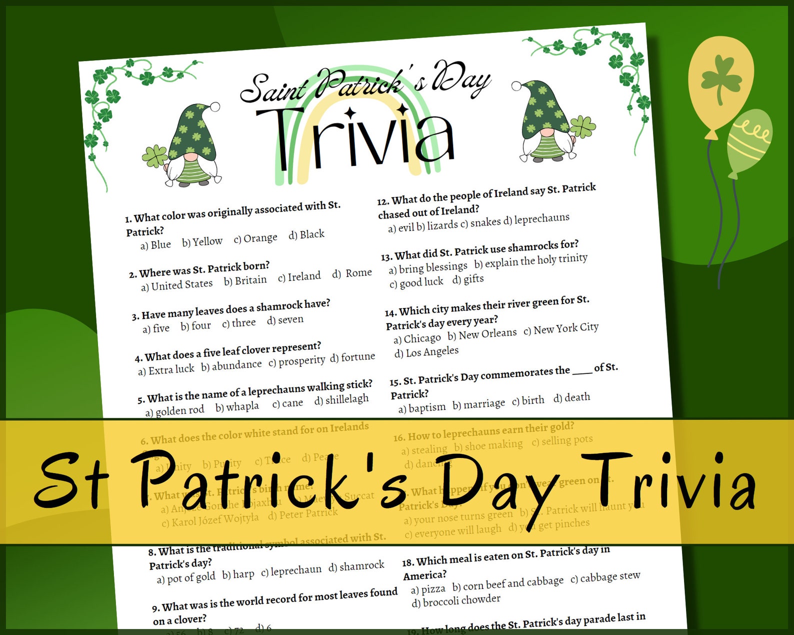 St Patrick's Day Trivia Game~ Fun Trivia Game for Kids and Adults ...