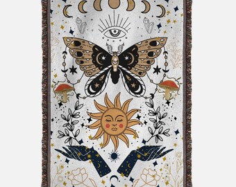 Sun and Moon Woven Blanket, Celestial Cottagecore Throw