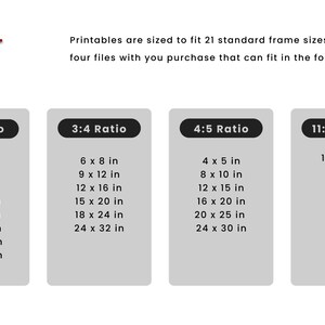 May include: A chart showing 21 standard frame sizes for printable art in four different aspect ratios: 2:3, 3:4, 4:5, and 11:14. The chart lists the dimensions of each frame size in inches.