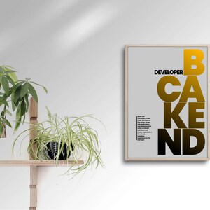 May include: A framed poster with the words "DEVELOPER BACKEND" in large, gradient yellow and black letters. The poster is on a white wall, next to a wooden shelf with potted plants.