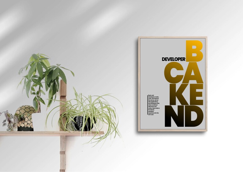 May include: A framed poster with the words "DEVELOPER BACKEND" in large, gradient yellow and black letters. The poster is on a white wall, next to a wooden shelf with potted plants.