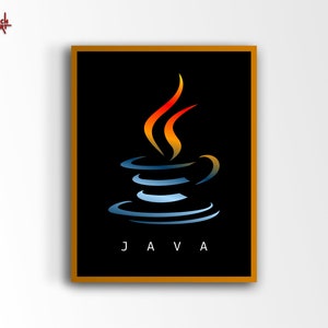 Może przedstawiać: Oprawiony wydruk z logo Java, stylizowany kubek do kawy z płomieniami. Kubek jest niebiesko-biały, z pomarańczowymi i czerwonymi płomieniami wznoszącymi się z góry. Słowo "JAVA" jest wydrukowane na dole na czarnym tle.