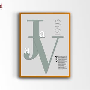 May include: A poster with a gray and white graphic of the letters "Java" and the year "1995". The poster has a brown frame and the text "JAVA" is written in black.