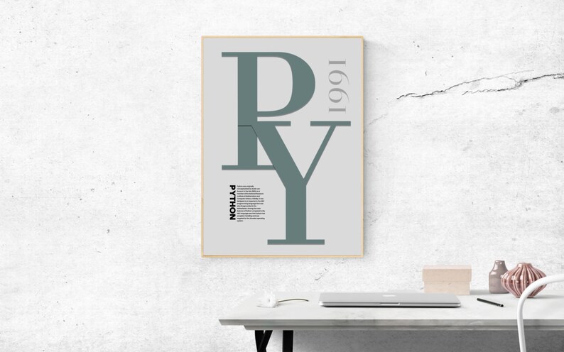 K&ouml;nnte beinhalten: Ein gerahmtes Poster mit grauem Hintergrund und den Buchstaben "PY" in einer gro&szlig;en, stilisierten Schrift. Das Jahr "1991" ist vertikal auf der rechten Seite des Posters gedruckt. Das Wort "PYTHON" ist in Schwarz in der linken unteren Ecke des Posters gedruckt.
