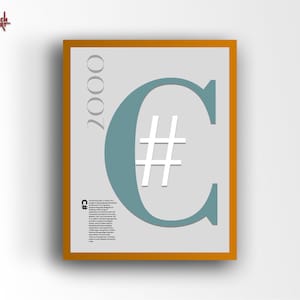 May include: A framed poster with a light blue "C" with a white "#" inside. The year "2000" is printed vertically on the left side of the poster. The poster has a brown frame.