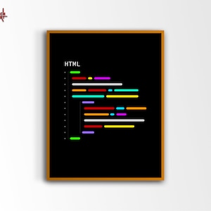 Può includere: Una stampa artistica incorniciata con sfondo nero e linee orizzontali colorate, simili a codice. La parola "HTML" è in alto. La cornice è di colore marrone caldo e l'opera d'arte è su sfondo bianco.