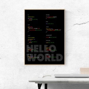 May include: A black and white poster with the text "HELLO WORLD" in different colors. The text is made up of code snippets from different programming languages, including C, C++, Java, JavaScript, Python, and Go.