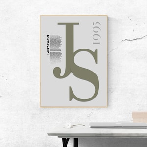 May include: A framed poster with a minimalist design featuring the letters "JS" in a muted green colour. The word "JAVASCRIPT" is printed vertically in black, with the year "1995" in grey. The poster is displayed on a white wall.