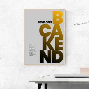 May include: A framed poster with the words "DEVELOPER BACKEND" in large, bold, yellow and black letters. The poster includes a description of backend developer tasks. The poster is on a white wall above a desk with a laptop.