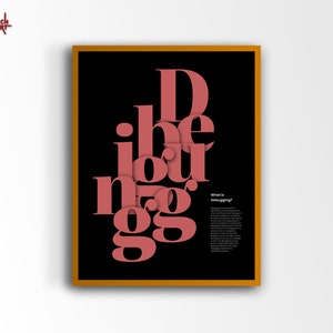 Può includere: Un poster incorniciato con la parola "Debugging" in grandi lettere sovrapposte color corallo su sfondo nero. Il poster ha una cornice color oro e il testo "What is Debugging?" si trova in basso a destra.