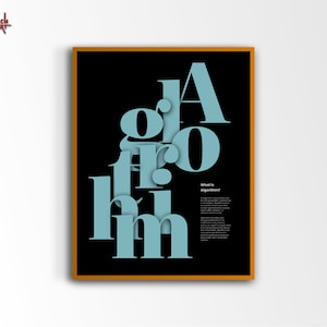 Può includere: Un poster in bianco e nero con la parola "Algoritmo" scritta in lettere blu. Le lettere sono impilate l'una sull'altra e si sovrappongono. Il testo "Cos'è un algoritmo?" è scritto in bianco sotto le lettere.