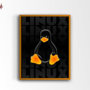 May include: A framed art print featuring the Linux mascot, Tux the penguin, in a sitting pose. The penguin is black with an orange beak and feet, set against a black background with the word "LINUX" repeated. The frame is a warm brown.