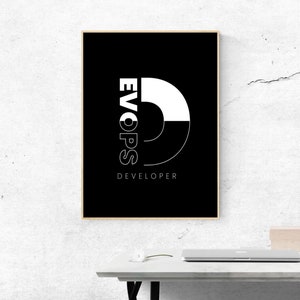 Puede incluir: Impresi&oacute;n enmarcada en blanco y negro con el texto "EVOPS DEVELOPER". El dise&ntilde;o presenta una gran "D" blanca con la palabra "EVOPS" apilada verticalmente a la izquierda. La palabra "DEVELOPER" est&aacute; debajo de la "D".