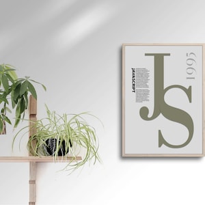 May include: A framed poster featuring the word "JAVASCRIPT" and the letters "JS" in a large, olive green font. The year "1995" is printed vertically. The poster is on a white wall next to a wooden shelf with potted plants.