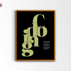 Può includere: Un poster incorniciato con la parola "coding" in grandi lettere sovrapposte verde chiaro su sfondo nero. Il poster include il testo "What is Coding?" e una breve spiegazione. La cornice è di colore arancione scuro.