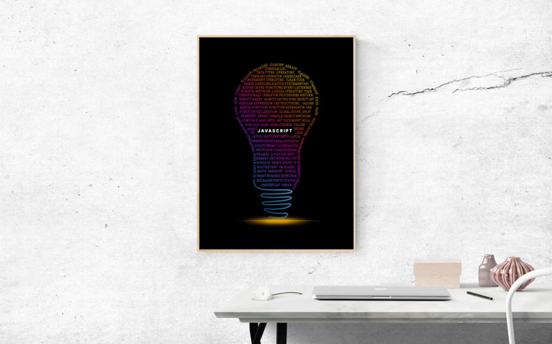Javascript Bulb-affisch, minimalistisk konst, programmeringsaffisch, digitalt tryck med kodning, present till programmerare, kontorsinredning, heminredning, typografi bild 3