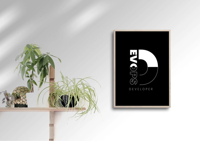Puede incluir: Un estampado en blanco y negro enmarcado con el texto "EVOPS DEVELOPER". El estampado est&aacute; en un marco de madera clara y cuelga de una pared blanca. Debajo del estampado hay una estanter&iacute;a de madera con plantas y un objeto decorativo.