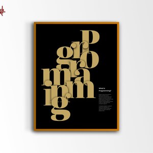 May include: A framed poster featuring the word "Programming" in large, gold, 3D-style letters on a black backdrop. The poster has a thin, orange-brown border. Small text on the right side reads "What is Programming?"