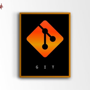 Puede incluir: Impresión artística enmarcada con un fondo negro y un diseño geométrico naranja y amarillo brillante. La palabra "GIT" se muestra en blanco en la parte inferior. La obra de arte tiene un marco dorado.