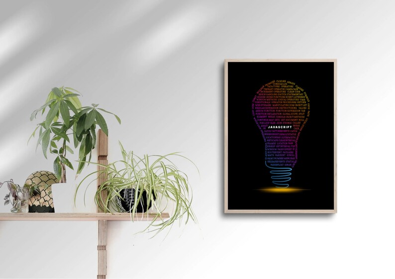 Javascript Bulb-affisch, minimalistisk konst, programmeringsaffisch, digitalt tryck med kodning, present till programmerare, kontorsinredning, heminredning, typografi bild 4