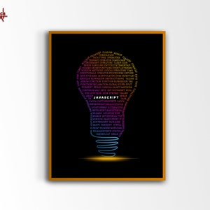 May include: A framed art print featuring a lightbulb design filled with JavaScript code terms. The bulb shape is outlined in blue with a yellow glow at the base, set against a black background. The frame is a warm, golden color.
