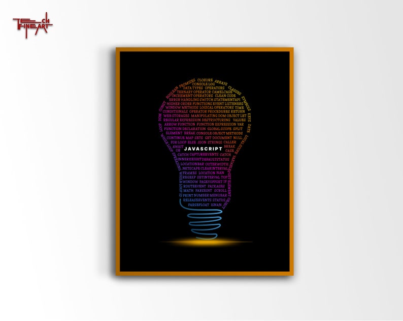 Javascript Bulb-affisch, minimalistisk konst, programmeringsaffisch, digitalt tryck med kodning, present till programmerare, kontorsinredning, heminredning, typografi bild 1