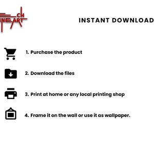 Puede incluir: Gr&aacute;fico blanco con el texto "INSTANT DOWNLOAD" e instrucciones: comprar, descargar, imprimir y enmarcar. El logotipo "TECH FINE ART" est&aacute; en la esquina superior izquierda. Las instrucciones est&aacute;n numeradas con iconos.