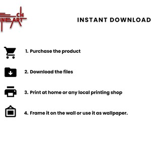 May include: A black and white illustration of a shopping cart, folder, printer, and picture frame with the text "INSTANT DOWNLOAD" and numbered steps for purchasing, downloading, printing, and framing a digital product.