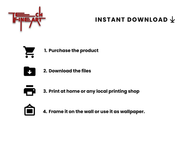 K&ouml;nnte beinhalten: Eine Schwarzwei&szlig;illustration eines Einkaufswagens, Ordners, Druckers und Bilderrahmens mit Anweisungen zum Herunterladen und Drucken digitaler Dateien. Der Text lautet "INSTANT DOWNLOAD" und "1. Kaufen Sie das Produkt", "2. Laden Sie die Dateien herunter", "3. Drucken Sie zu Hause oder in einem lokalen Druckgesch&auml;ft" und "4. Richten Sie es an der Wand ein oder verwenden Sie es als Tapete."
