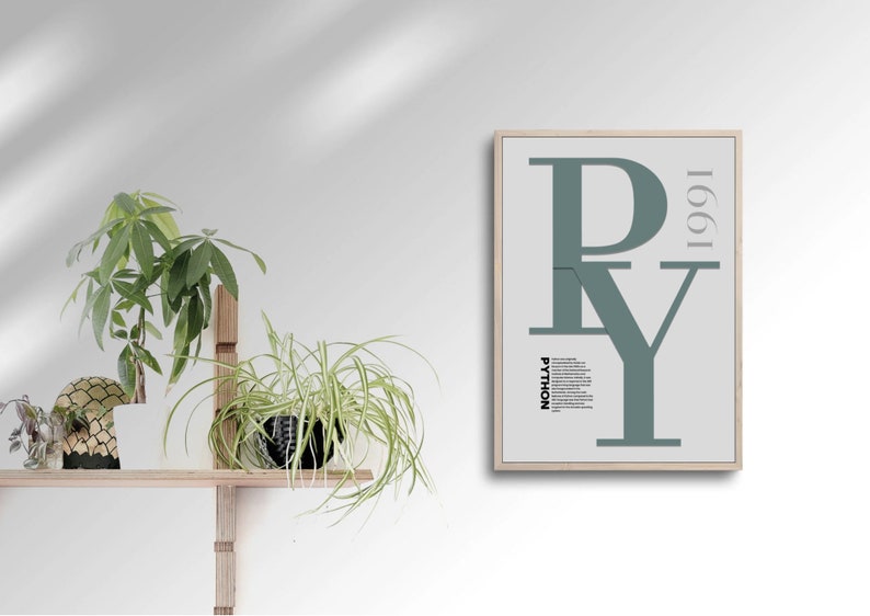 K&ouml;nnte beinhalten: Ein gerahmtes Poster mit einem gr&uuml;n-wei&szlig;en Design. Das Poster zeigt die Buchstaben "PY" in einer gro&szlig;en, fetten Schrift, wobei der Buchstabe "P" den Buchstaben "Y" &uuml;berlappt. Das Jahr "1991" ist rechts neben den Buchstaben in Grau gedruckt. Das Wort "PYTHON" ist unten auf dem Poster in Schwarz gedruckt.
