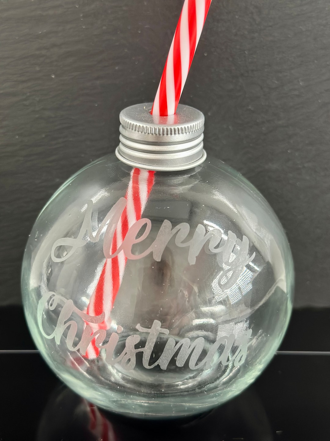Merry Christmas Embossed Bauble Drinking Glass Screw on Lid With Straw ...