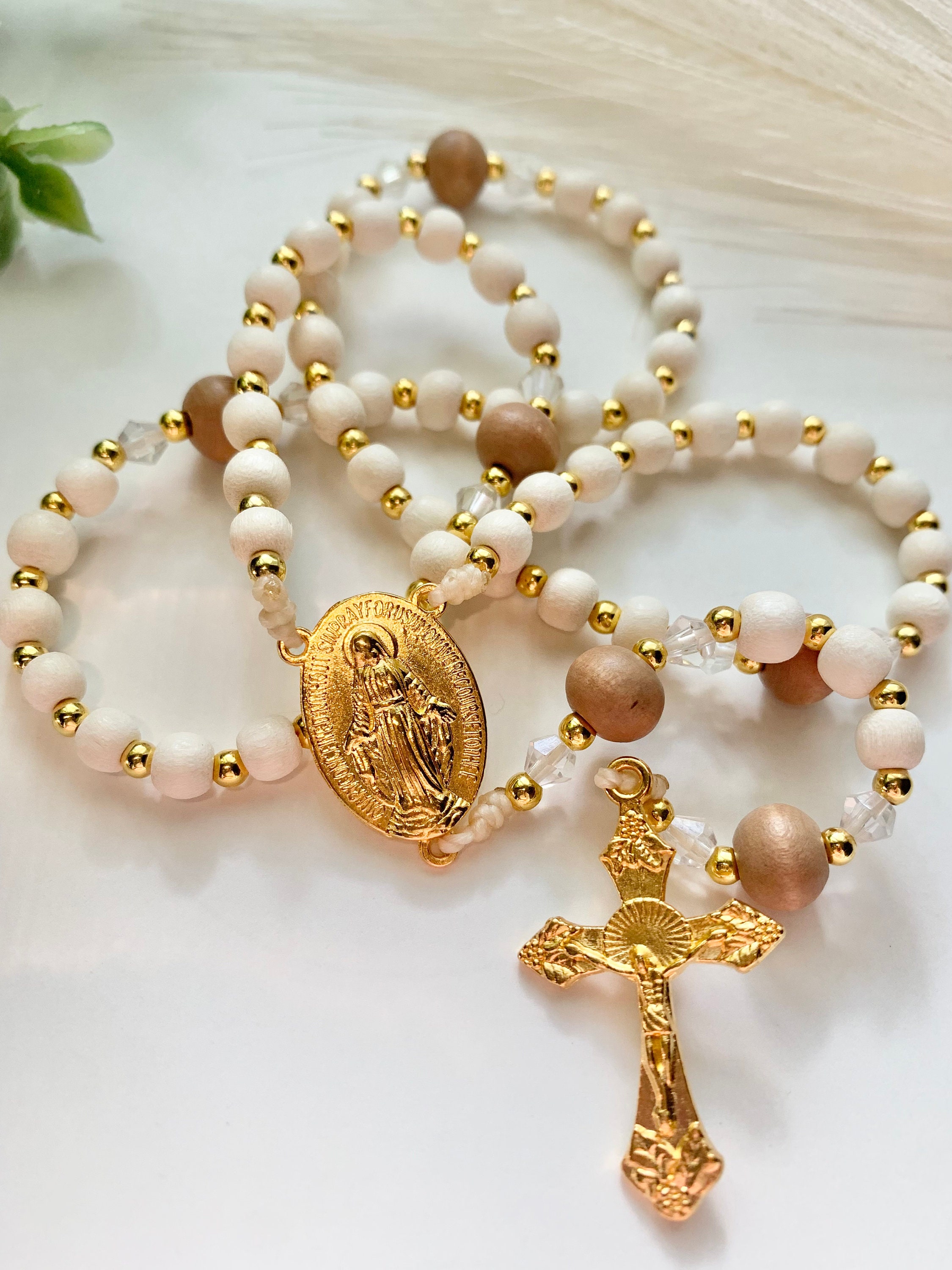 White/gold Rosary- Taiwanese Cheese Wood - Etsy