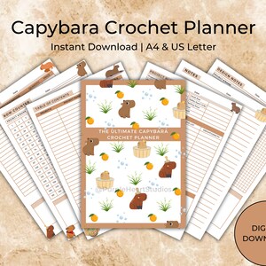 May include: A printable crochet planner featuring a capybara in a bathtub with oranges and green grass. The planner includes pages for shopping lists, row counters, a table of contents, design notes, and a notes section. The text "The Ultimate Capybara Crochet Planner" is printed on the cover.