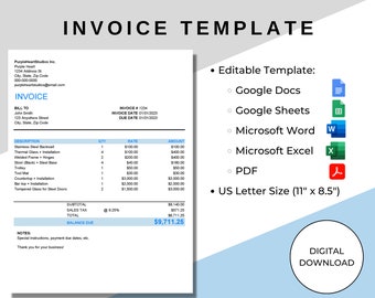 Professional Invoice Template, Editable PDF/Word/Google Docs/Google Sheets/Excel Template, Customizable, Printable, Fillable