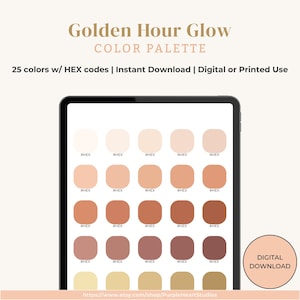 以下が含まれることがあります： タブレット画面に表示されたデジタルカラーパレット。パレットには、対応するHEXコードを持つ25の暖かくアースカラーの色合いがあります。「Golden Hour Glow」と「Digital Download」の文字も表示されています。