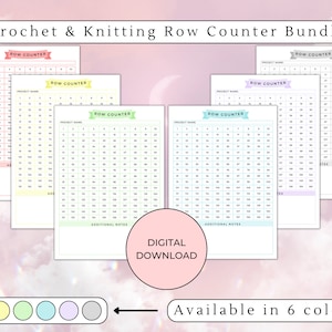 May include: A digital download bundle of six printable crochet and knitting row counters. Each counter is a grid with numbers 1-400 and a space for project name and additional notes. The counters are available in six colours: pink, yellow, green, blue, purple, and grey.