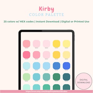 以下が含まれることがあります： タブレット画面に表示されたデジタルカラーパレット。パレットには、ピンク、イエロー、ブルー、グリーンなどの色合いを含む、HEXコード付きの25色が含まれています。上部のテキストは「Kirby COLOR PALETTE」と表示されています。デジタルダウンロードが可能です。