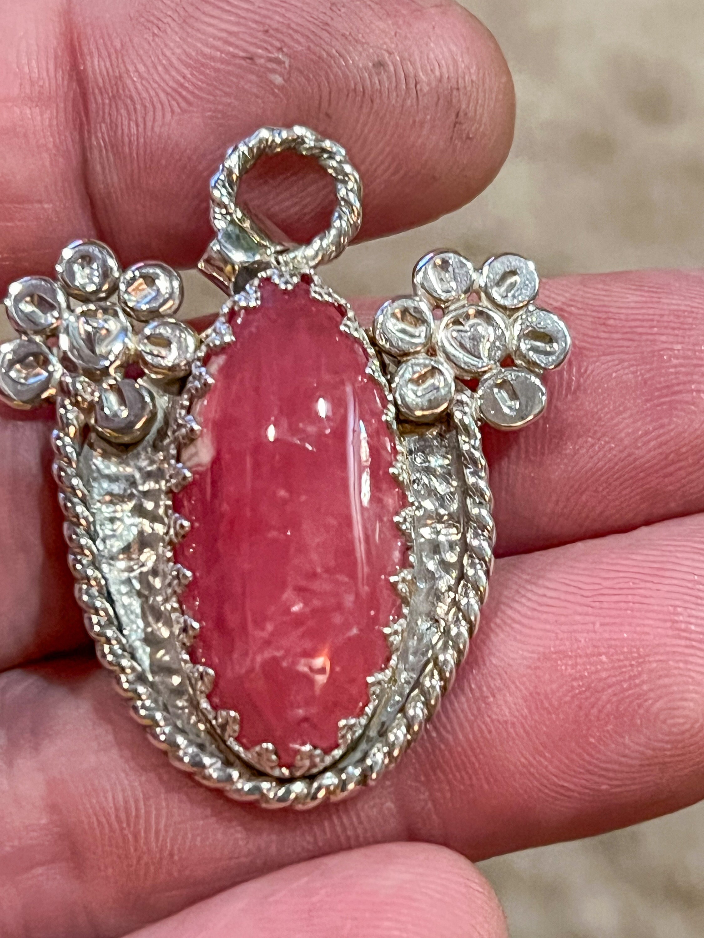 Collier Pendentif Rhodochrosite Martelé Enveloppé Fil Argent Sterling 925 - Neuf BUTW