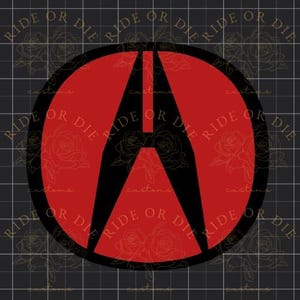 May include: A circular graphic design featuring a bold red background enclosed by a thick black border. Centered within the circle is a large, stylized black letter A that extends from the top to the bottom edge of the red circular field.