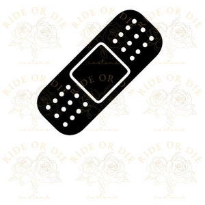 May include: Black and white silhouette of a bandage, resembling a medical adhesive plaster. The bandage is a simple design with a rectangular shape and a rounded edge.