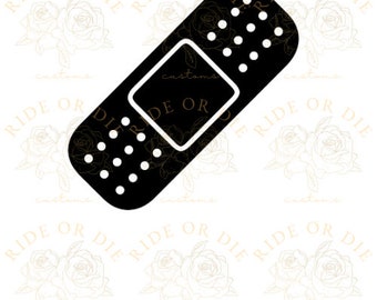 May include: Black and white silhouette of a bandage, resembling a medical adhesive plaster. The bandage is a simple design with a rectangular shape and a rounded edge.