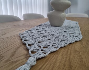 Hand Knit Metallic Silver Macrame Table Runner, Boho Glam Tassel Decor
