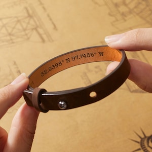 Men&#39;s Coordinates Bracelet, GPS Bracelet, Gifts For Son, Hidden Message Leather Bracelet, Long Distance, Anniversary